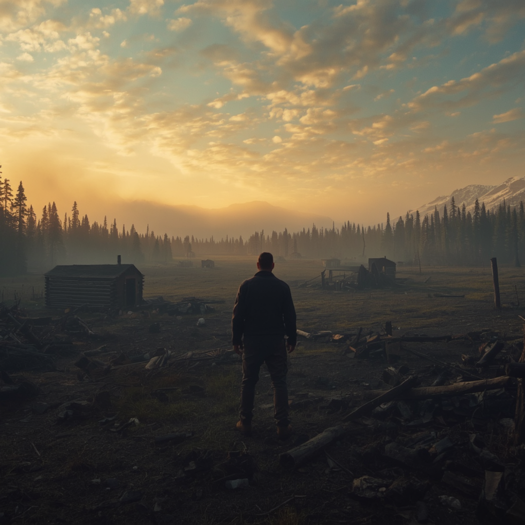 A lone figure stands at dawn amid the burned remains of a wilderness lodge in the Alaskan wild.